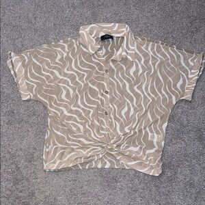 Beige and White Patterned Mesh Button-Up Blouse